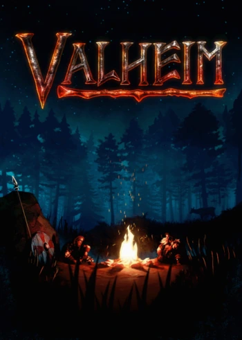 The Valheim game logo illuminates a dark forest night scene, featuring a crackling campfire, two Viking-like figures, a tent, a shield, and a spear, evoking the game's survival adventure available on Steam.