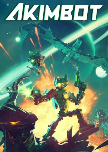 Official Akimbot game cover art showcasing the title logo above a green robot shooting dual blasters during an intense battle with a drone companion.