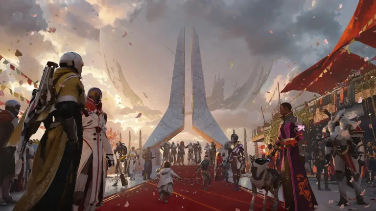 Destiny 2 key art showing Guardians gathered on a red carpet before the Tower, with crowds, banners, and a futuristic spire in the background, marking a celebratory in-game moment as the game's final content era comes to a close