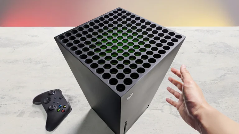 Xbox Series X console shown at a dramatic angle with a hand reaching toward it, symbolizing uncertainty around Microsoft's future plans for the brand